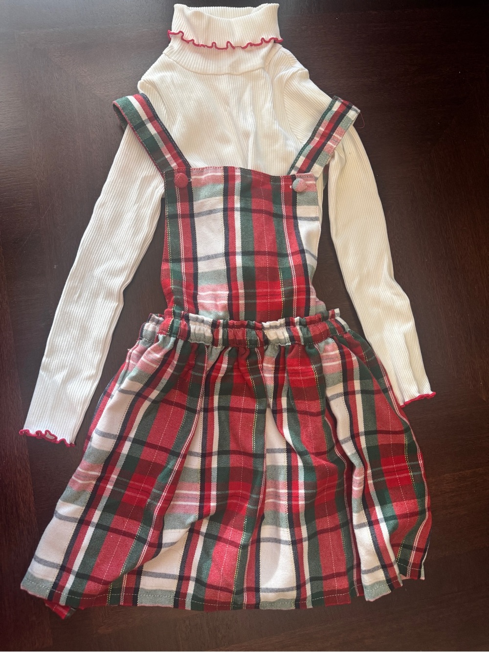 Tommy Bahama Red and Green Plaid Suspender Skirt with White Turtleneck